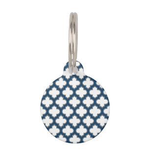 White and Navy Blue Trellis, Lattice, Quatrefoil Pet Tag