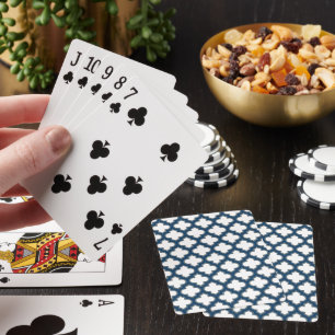 White and Navy Blue Trellis, Lattice, Quatrefoil Playing Cards