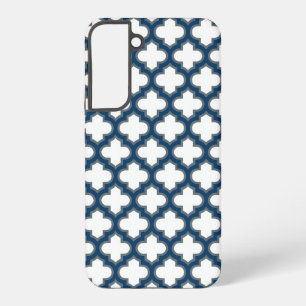 White and Navy Blue Trellis, Lattice, Quatrefoil Samsung Galaxy Case
