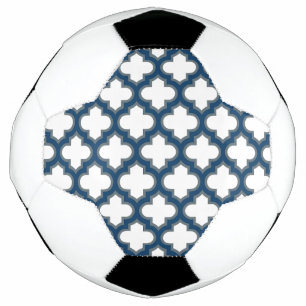 White and Navy Blue Trellis, Lattice, Quatrefoil Soccer Ball