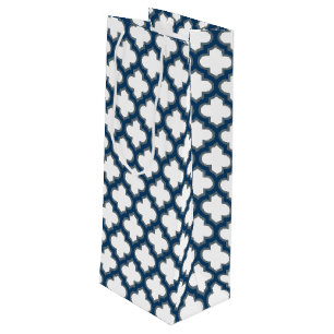 White and Navy Blue Trellis, Lattice, Quatrefoil Wine Gift Bag