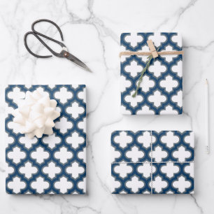 White and Navy Blue Trellis, Lattice, Quatrefoil Wrapping Paper Sheet