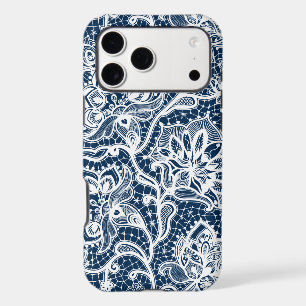 White and navy-blue vintage floral lace