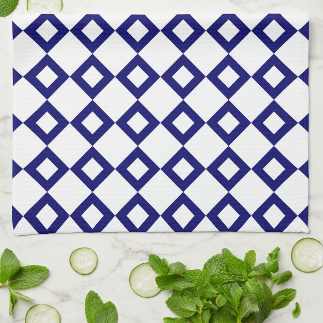 White and Navy Diamond Pattern Tea Towel (Folded)
