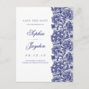 White and Navy Elegant Lace Save the Date Announcement Postcard