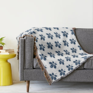 White and Navy Fall Leaves Pattern Throw Blanket