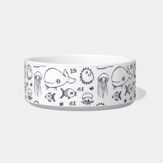 White and Navy Fish Drawing Cat Bowl