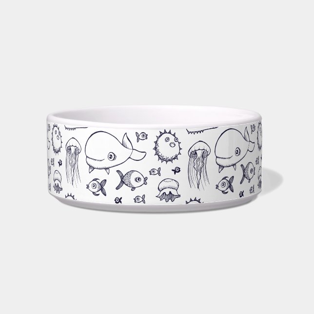 White and Navy Fish Drawing Cat Bowl (Right)