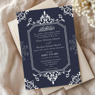 White and Navy Ornament Vintage Islamic Wedding Invitation