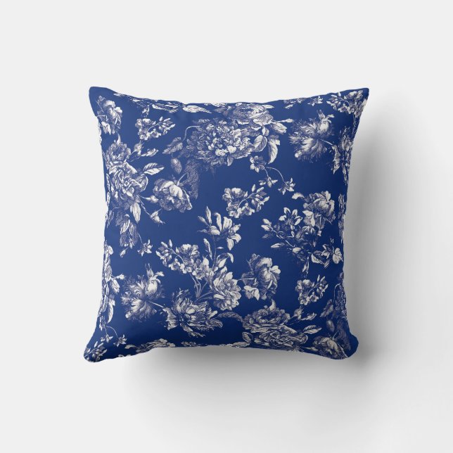 White and Navy Profile Toile Throw Pillow (Back)