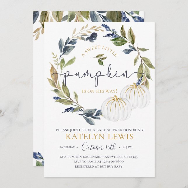 White and Navy Pumpkin Baby Shower Invitation (Front/Back)