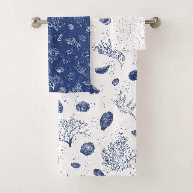 White and navy towel set - seashells and seaweed (Insitu)