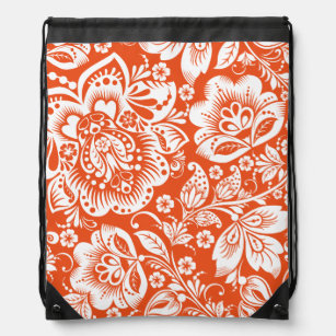 White And Orange Beautiful Floral Pattern Drawstring Bag