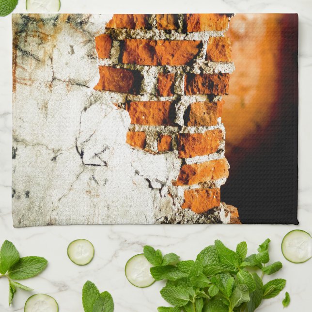 White and orange Broken brick wall Tea Towel (Folded)