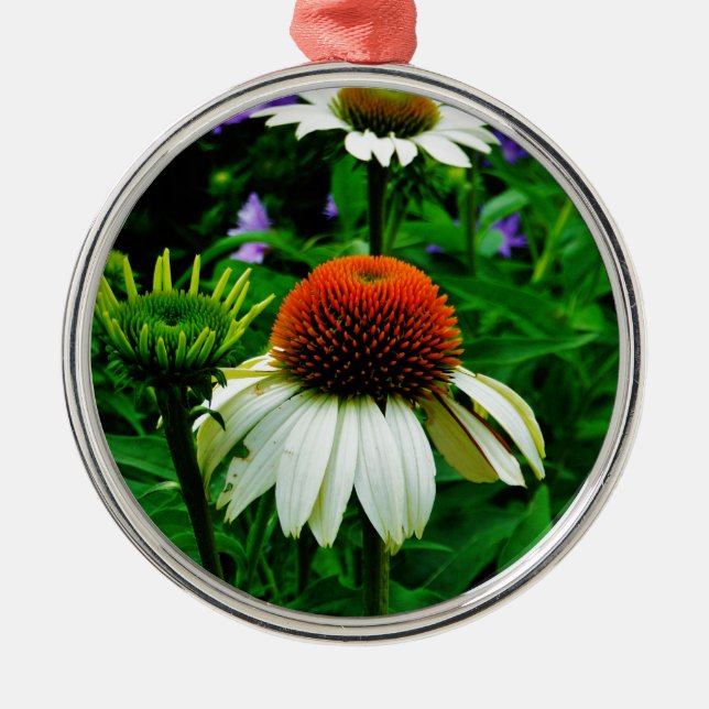 White and Orange ConeFlowers Metal Tree Decoration (Front)