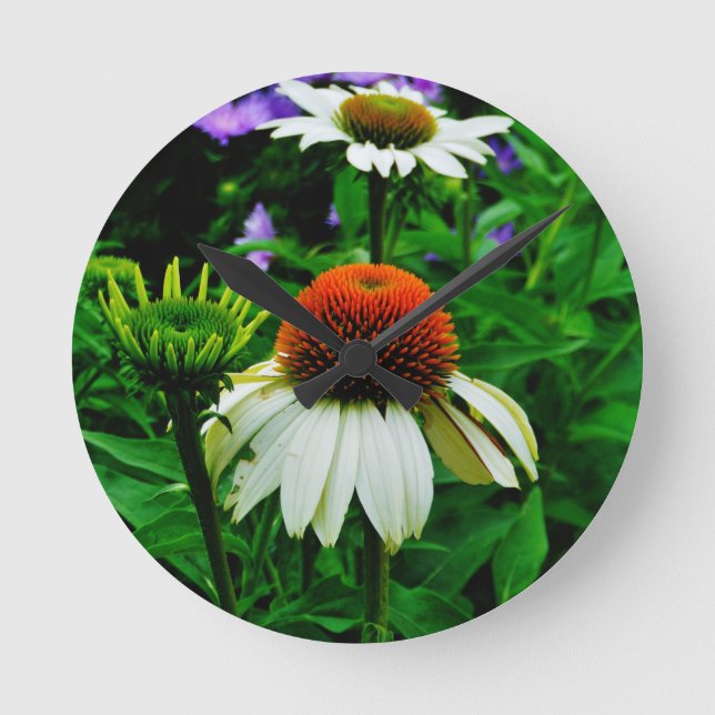 White and Orange ConeFlowers Round Clock (Front)