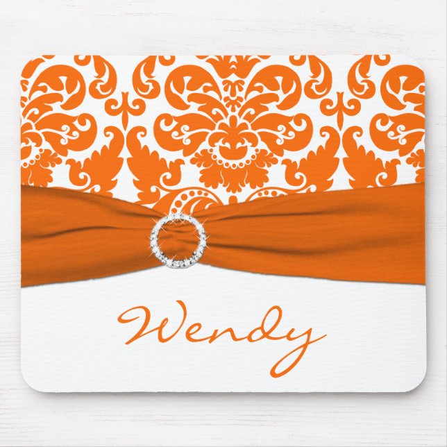 White and Orange Damask Mousepad (Front)