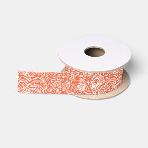 White and Orange Floral Paisley Satin Ribbon