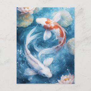 White and Orange Koi Fish Swirling in Lotus Pond Postcard