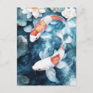 White and Orange Koi Fish Swirling in Lotus Pond Postcard