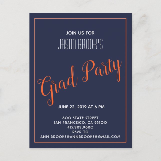 White And Orange On Black Graduation Party Announcement Postcard (Front)