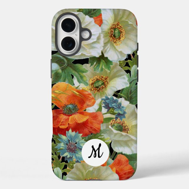 White and Orange Poppies on Black Initial Floral Case-Mate iPhone Case (Back)