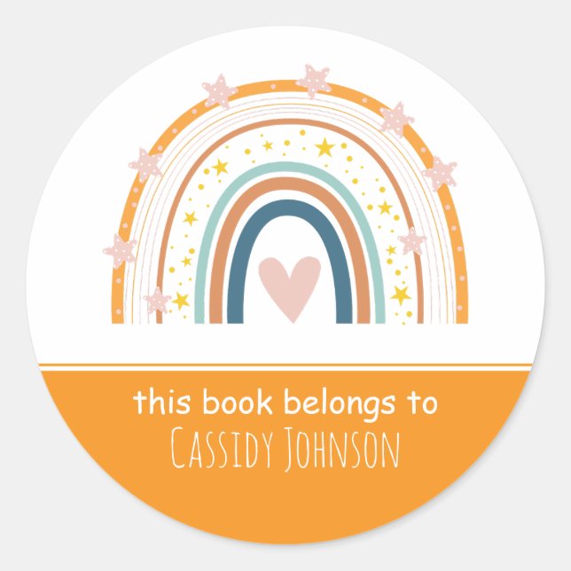 White and orange rainbow kids name  classic round sticker (Front)