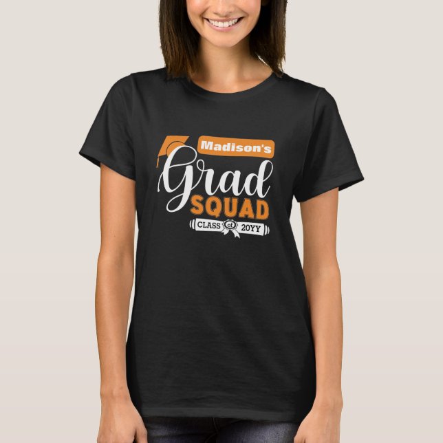 White and Orange Text Female's Black Grad Squad T-Shirt (Front)