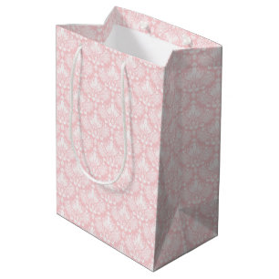 White and pale pink vintage floral damasks pattern medium gift bag