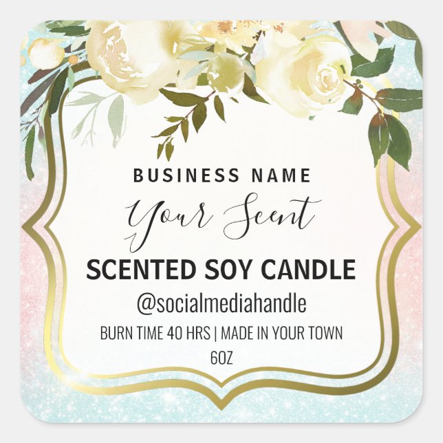 White And Pastel Floral Scented Soy Candle Labels (Front)