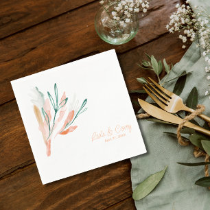 White and Peach Modern Wedding Cocktail Napkin