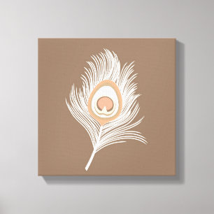 White and Peach Peacock Feather on Taupe Tan Canvas Print
