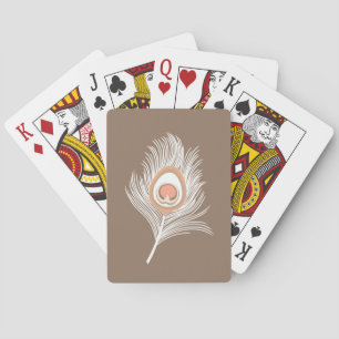 White and Peach Peacock Feather on Taupe Tan Playing Cards