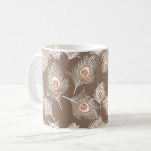 White and Peach Peacock Feathers on Taupe Tan Coffee Mug