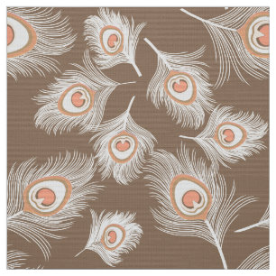 White and Peach Peacock Feathers on Taupe Tan Fabric