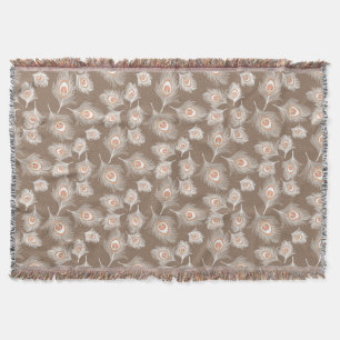White and Peach Peacock Feathers on Taupe Tan Throw Blanket
