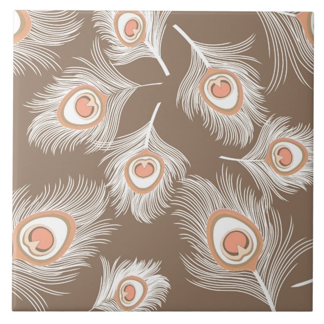 White and Peach Peacock Feathers on Taupe Tan Tile (Front)