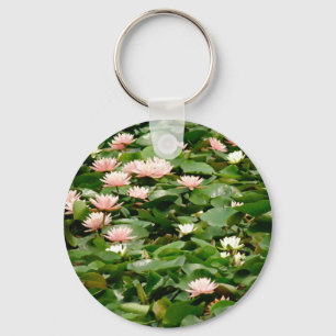 White and Peach Water Lilies in the Pond Key Ring