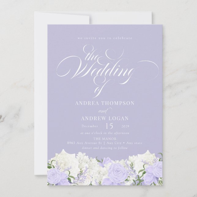White and Periwinkle | Romantic Flower Wedding Invitation (Front)