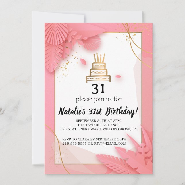 white and pink 31st birthday invitation (Front)