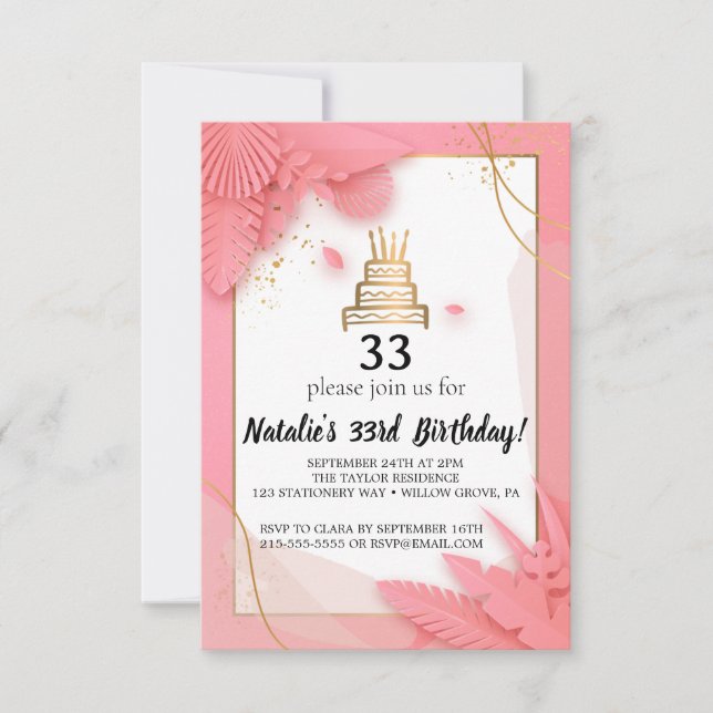 white and pink 33rd birthday invitation (Front)