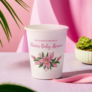 White and Pink Blooming Lilies Baby Shower  Paper Cups