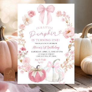 White and Pink Bow Coquette Pumpkin 1st Birthday  Invitation