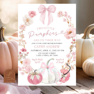  White and Pink Bow Coquette Twins Pumpkin Floral  Invitation