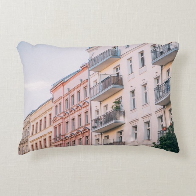 WHITE AND PINK BUILDINGS DECORATIVE CUSHION (Front)