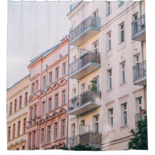 WHITE AND PINK BUILDINGS SHOWER CURTAIN