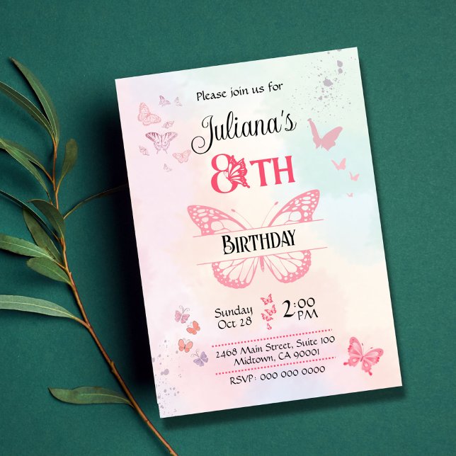 White and pink butterfly themed 8th birthday  invitation (Creator Uploaded)