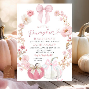 White and Pink Coquette Little Pumpkin on the way Invitation