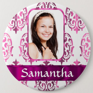 White and pink damask 6 cm round badge