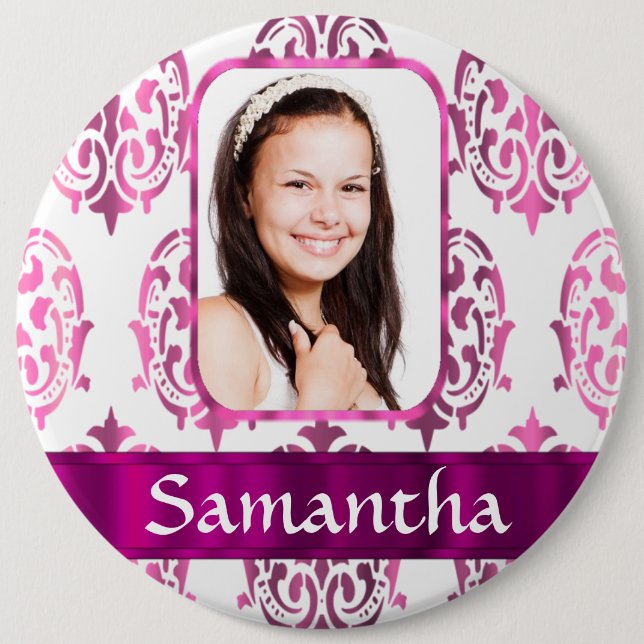 White and pink damask 6 cm round badge (Front)